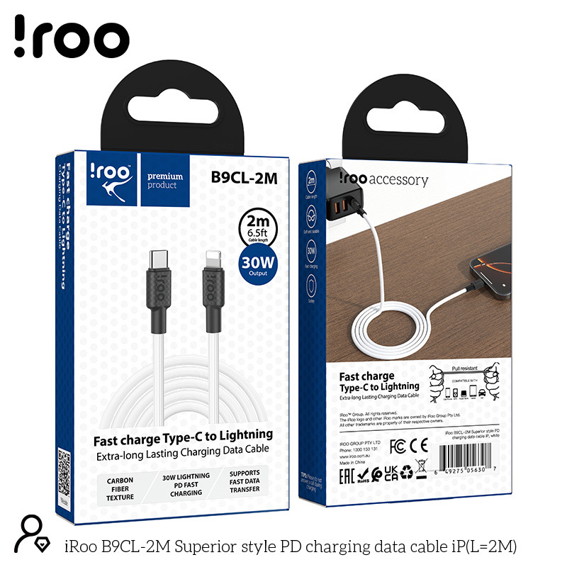 iRoo B9CL 2M Carbon Fiber Texture | 27W PD Fast Charging Type-C to Lightning Cable - 2M