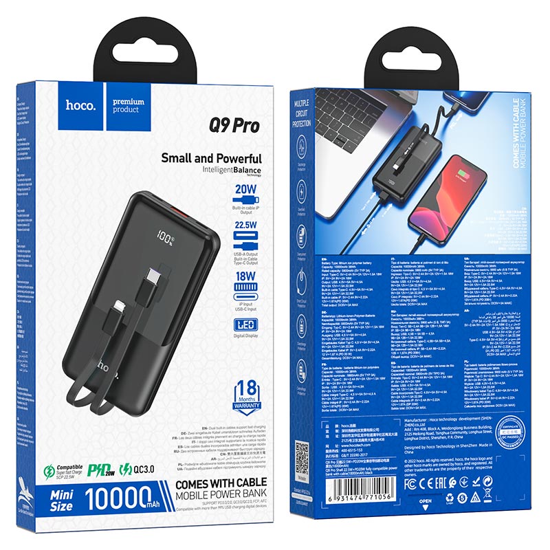 Hoco Q9 Pro | Shell 22.5W+PD20W power bank with cable(10000mAh) [In-build type-c cable only charge non iPhone, usb ports charge all phone]